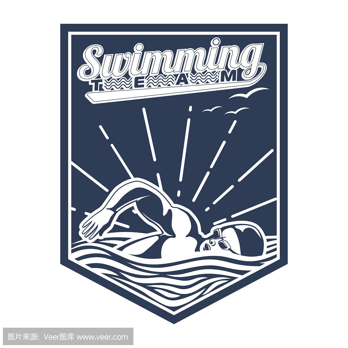 设计游泳徽章印刷在t恤,印刷产品和出版物在互联网上。矢量图